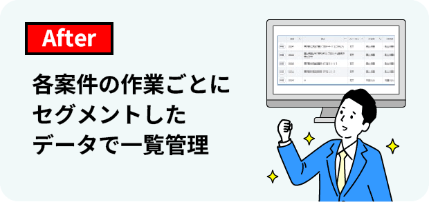 各案件の作業ごとにセグメントしたデータで一覧管理